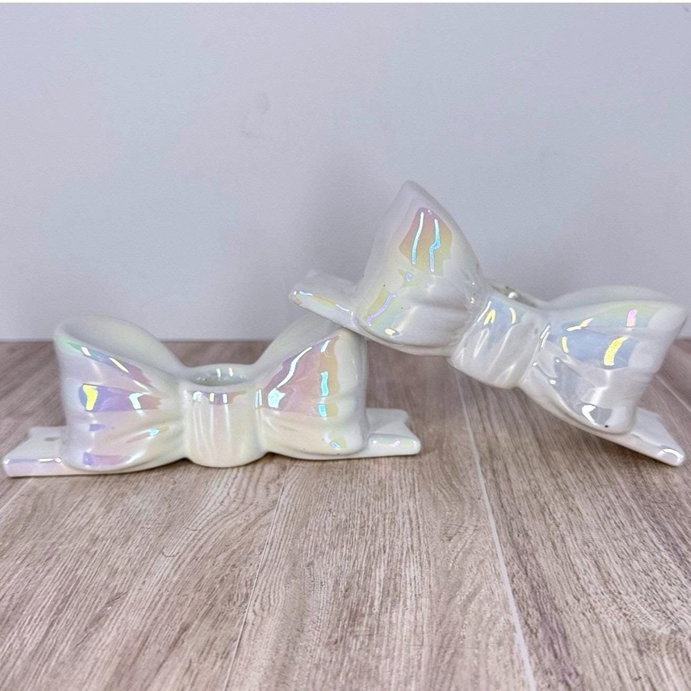 Iridescent Ceramic Bow Taper Candle Holders Pair Pearl Luster Pastel Decor